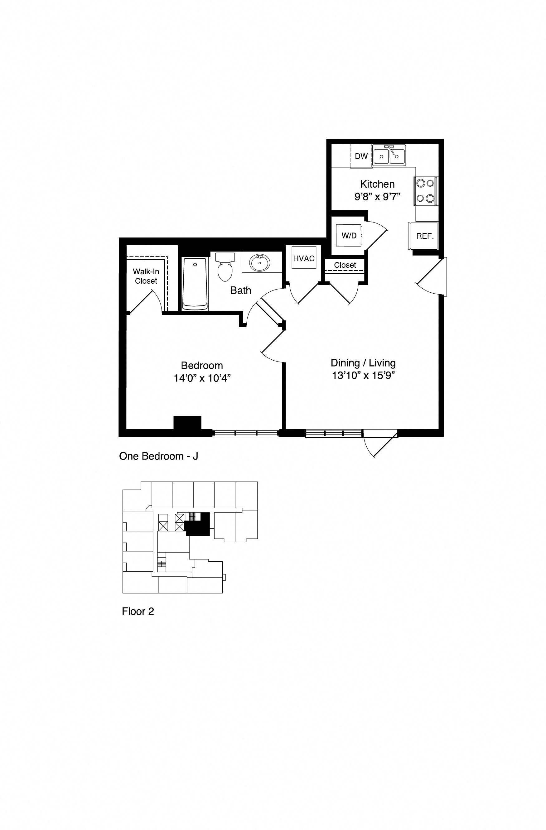 Floor plan for 1 bed, 1 bath, 612 sqft